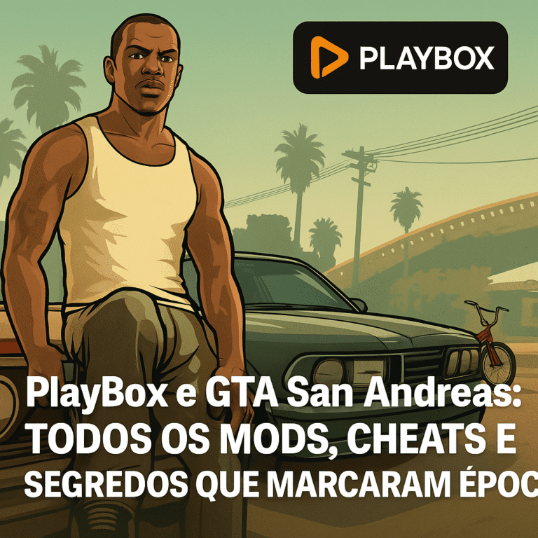 CJ em GTA San Andreas com mods clássicos e logo da PlayBox