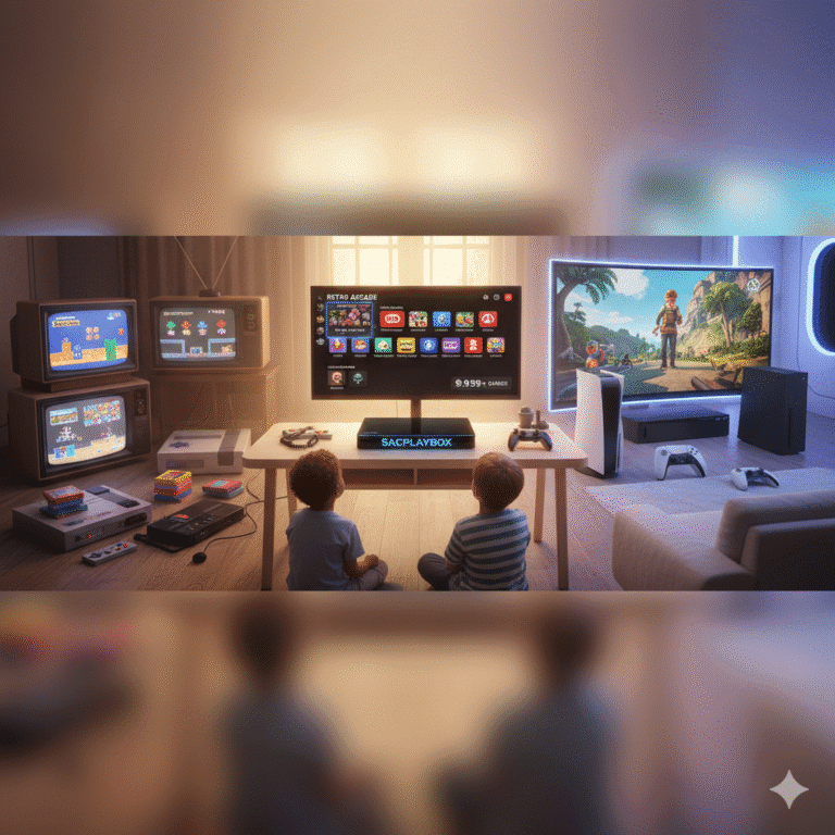 Evolução dos videogames mostrando consoles clássicos e modernos lado a lado, com destaque para a sacplaybox como ponte entre nostalgia e tecnologia.